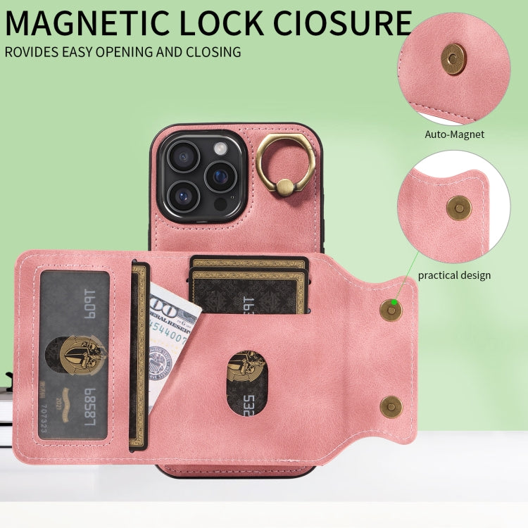 For iPhone 16 Pro Max Skin Feel Card Bag Phone Case with Ring Buckle(Rose Gold) - iPhone 16 Pro Max Cases by buy2fix | Online Shopping UK | buy2fix