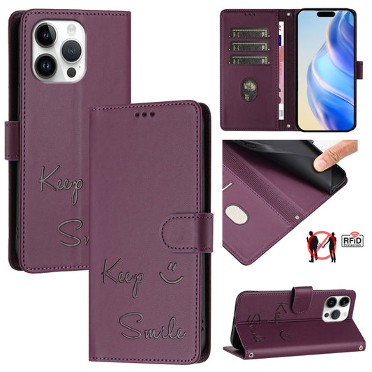 For iPhone 16 Pro Max Smile Embossing RFID Leather Phone Case(Violet) - iPhone 16 Pro Max Cases by buy2fix | Online Shopping UK | buy2fix