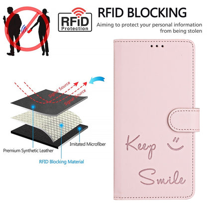 For iPhone 16 Smile Embossing RFID Leather Phone Case(Pink) - iPhone 16 Cases by buy2fix | Online Shopping UK | buy2fix