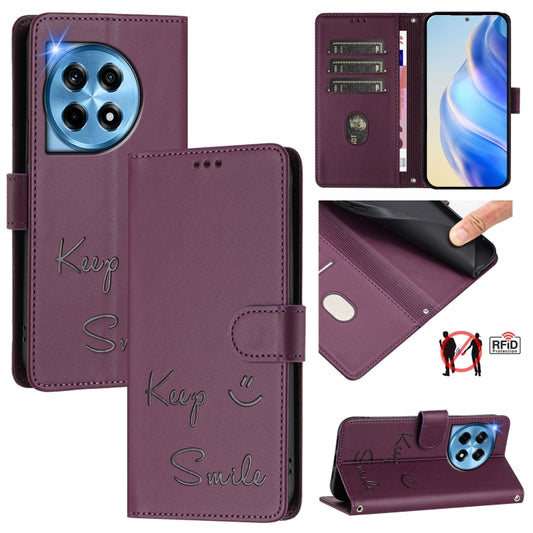 For OnePlus 12 5G Global Smile Embossing RFID Leather Phone Case(Violet) - OnePlus Cases by buy2fix | Online Shopping UK | buy2fix