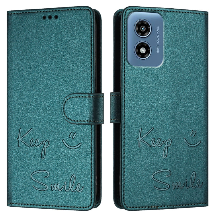 For Motorola Moto G 5G 2024 Global Smile Embossing RFID Leather Phone Case(Peacock Green) - Motorola Cases by buy2fix | Online Shopping UK | buy2fix