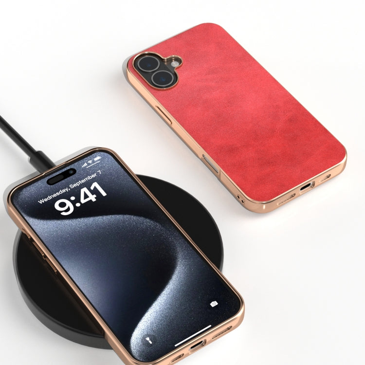 For iPhone 16 Nano Electroplating Dual Color Cowhide Texture Protective Phone Case(Red) - iPhone 16 Cases by buy2fix | Online Shopping UK | buy2fix