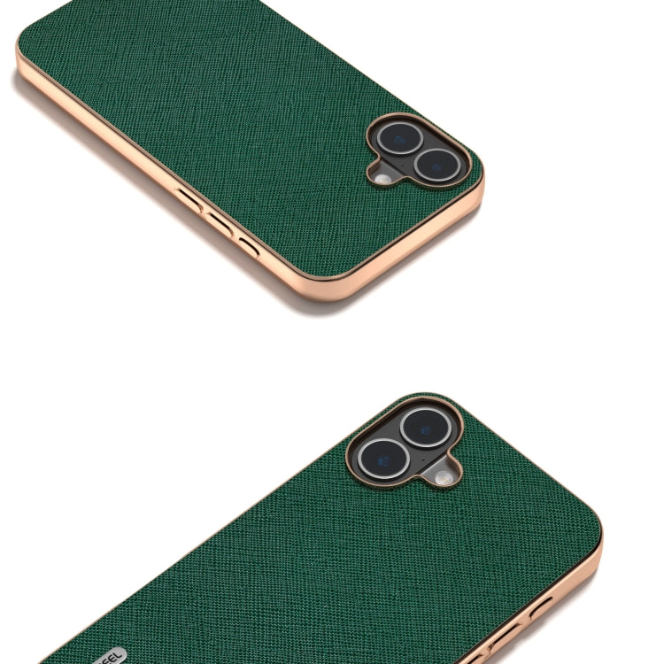 For iPhone 16 ABEEL Electroplating Frame Cross Texture Genuine Leather Phone Case(Green) - iPhone 16 Cases by buy2fix | Online Shopping UK | buy2fix