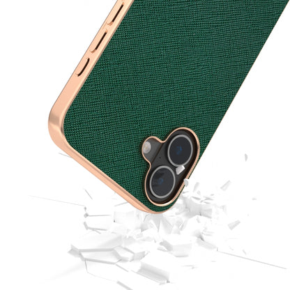 For iPhone 16 ABEEL Electroplating Frame Cross Texture Genuine Leather Phone Case(Green) - iPhone 16 Cases by buy2fix | Online Shopping UK | buy2fix