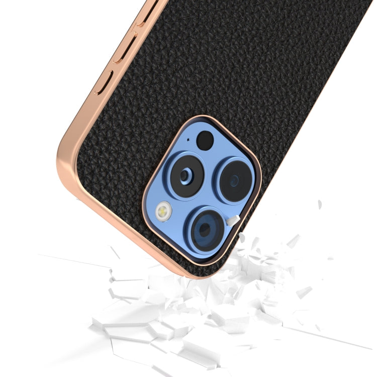 For iPhone 16 Pro Max ABEEL Electroplating Frame Genuine Leather Litchi Texture Phone Case(Black) - iPhone 16 Pro Max Cases by buy2fix | Online Shopping UK | buy2fix