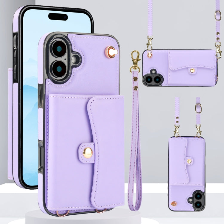 For iPhone 16 RFID Card Slot Phone Case with Long Lanyard(Purple) - iPhone 16 Cases by buy2fix | Online Shopping UK | buy2fix