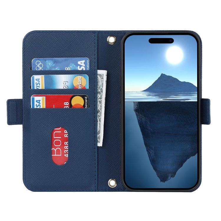 For iPhone 16 Plus Cross Texture Crossbody Lanyard Leather Phone Case(Blue) - iPhone 16 Plus Cases by buy2fix | Online Shopping UK | buy2fix