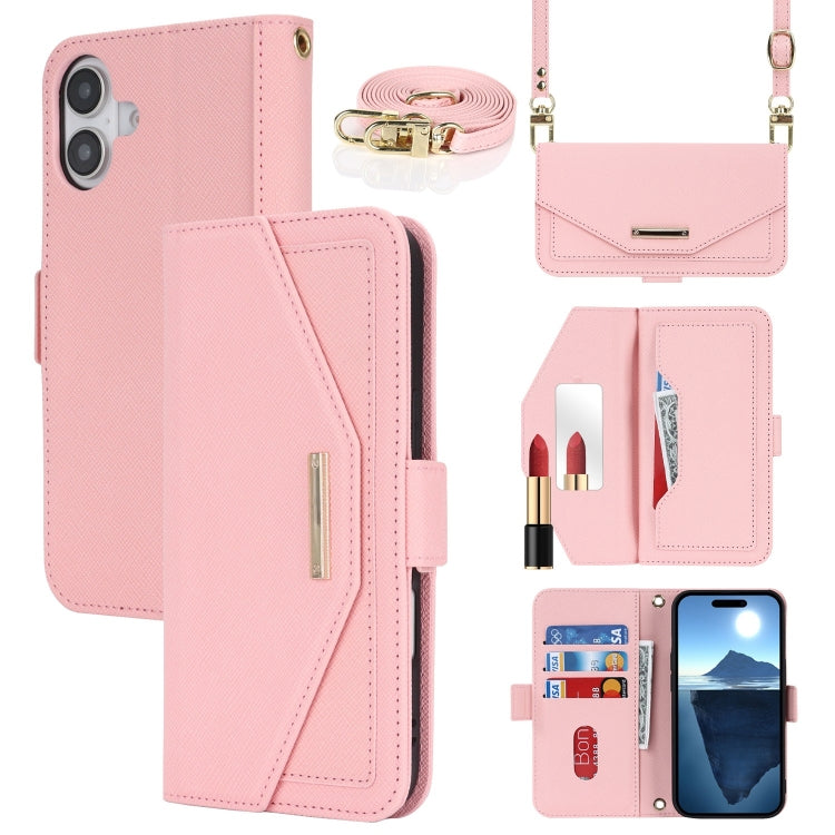 For iPhone 16 Plus Cross Texture Crossbody Lanyard Leather Phone Case(Pink) - iPhone 16 Plus Cases by buy2fix | Online Shopping UK | buy2fix