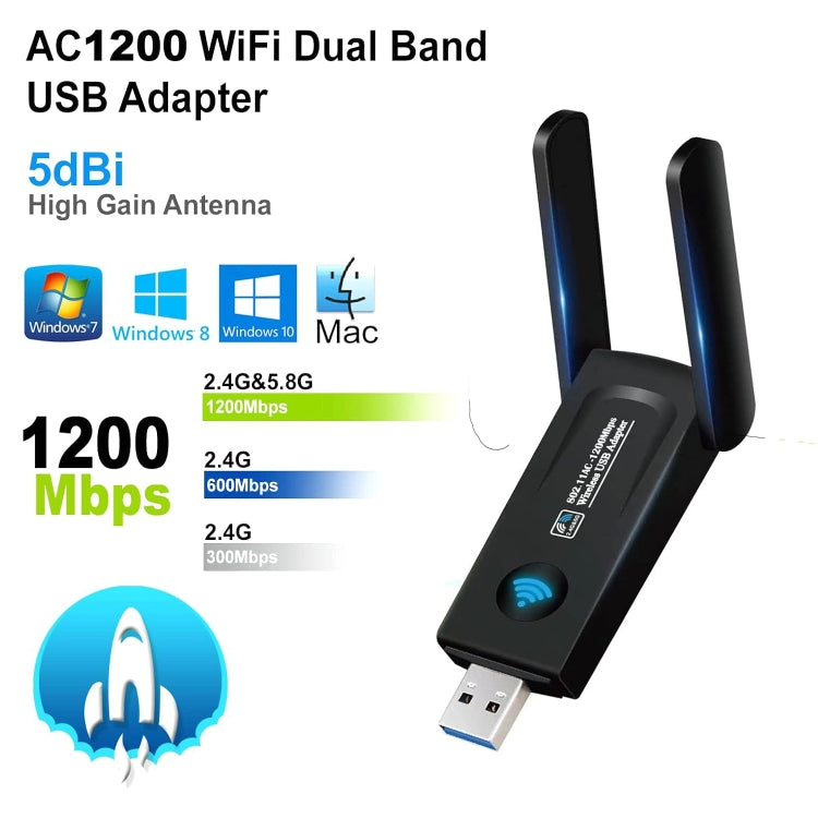 RE-1202 1200Mbps Dual Band Wireless Network Card WiFi USB3.0 Adapter Transmitter Receiver - USB Network Adapter by buy2fix | Online Shopping UK | buy2fix