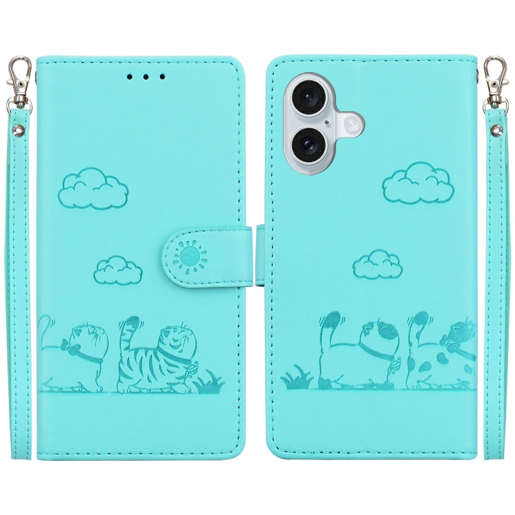 For iPhone 16 Cute Cats RFID Leather Phone Case(Green) - iPhone 16 Cases by buy2fix | Online Shopping UK | buy2fix