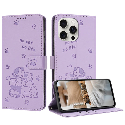 For iPhone 16 Pro Max Embossed Kitten Phone Leather Case with Lanyard(Purple) - iPhone 16 Pro Max Cases by buy2fix | Online Shopping UK | buy2fix