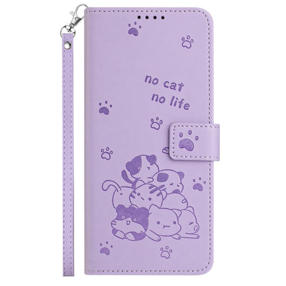 For iPhone 16 Pro Embossed Kitten Phone Leather Case with Lanyard(Purple) - iPhone 16 Pro Cases by buy2fix | Online Shopping UK | buy2fix