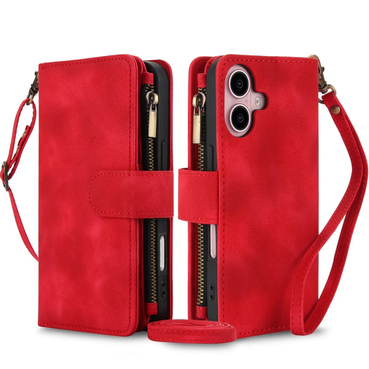 For iPhone 16 Plus Dream 9-Card Zipper Wallet RFID Leather Phone Case with Lanyard(Red) - iPhone 16 Plus Cases by buy2fix | Online Shopping UK | buy2fix