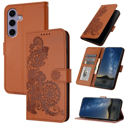 For Samsung Galaxy S25 5G Datura Flower Embossed Flip Leather Phone Case(Brown) - Galaxy S25 5G Cases by buy2fix | Online Shopping UK | buy2fix