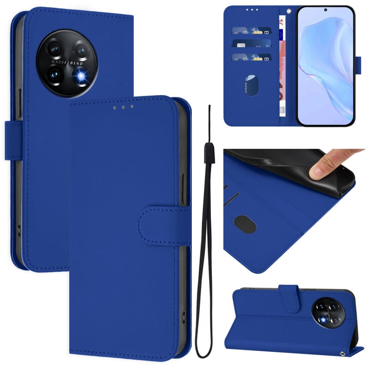 For OnePlus 11 Skin Feel Solid Color Leather Phone Case with Lanyard(Dark Blue) - OnePlus Cases by buy2fix | Online Shopping UK | buy2fix