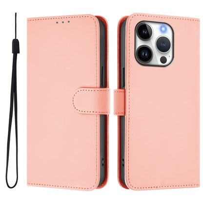 For iPhone 16 Pro Skin Feel Solid Color Leather Phone Case with Lanyard(Pink) - iPhone 16 Pro Cases by buy2fix | Online Shopping UK | buy2fix