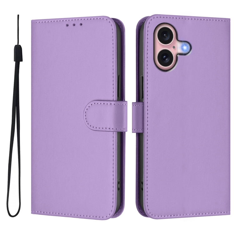 For iPhone 16 Skin Feel Solid Color Leather Phone Case with Lanyard(Lavender Purple) - iPhone 16 Cases by buy2fix | Online Shopping UK | buy2fix