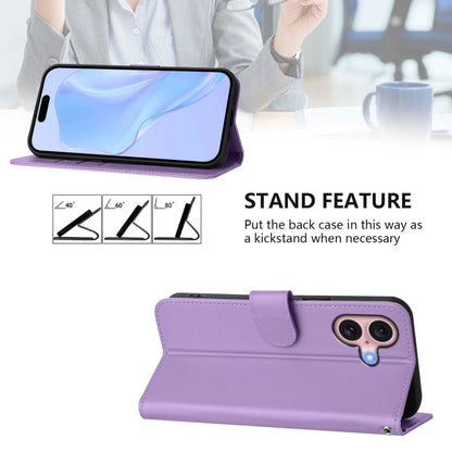 For iPhone 16 Skin Feel Solid Color Leather Phone Case with Lanyard(Lavender Purple) - iPhone 16 Cases by buy2fix | Online Shopping UK | buy2fix