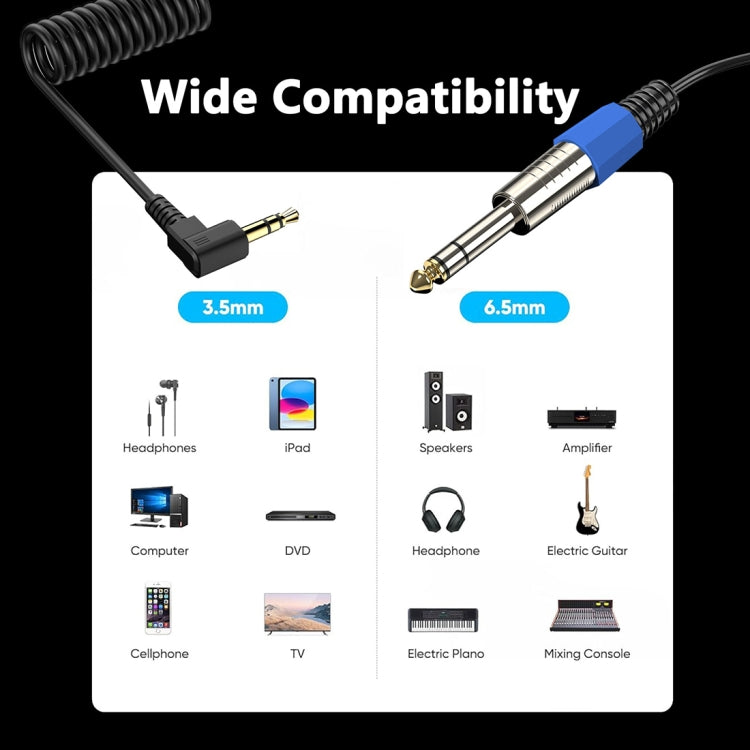 6.5mm to 3.5mm Elbow Guitar Loudspeaker Coiled 6.35mm Audio Cable, Length: 0.5m(Black) - Microphone Audio Cable & Connector by buy2fix | Online Shopping UK | buy2fix