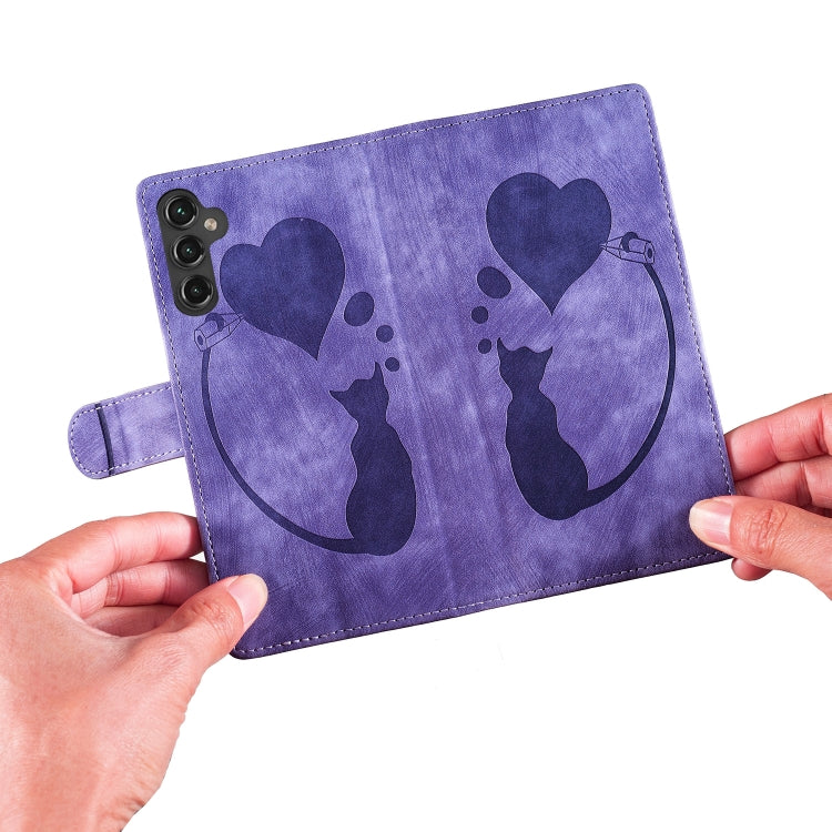 For Samsung Galaxy S25+ 5G Pen Heart Cat Embossed Leather Phone Case(Purple) - Galaxy S25+ 5G Cases by buy2fix | Online Shopping UK | buy2fix