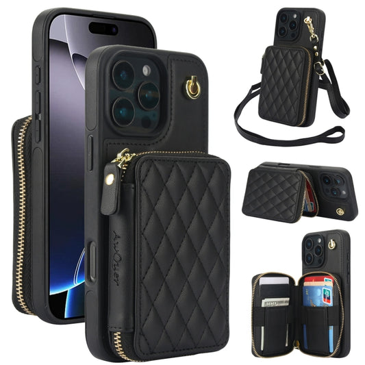 For iPhone 16 Pro AwQuer Crossbody Zipper Wallet Rhombic Leather Back Phone Case(Black) - iPhone 16 Pro Cases by Awquer | Online Shopping UK | buy2fix