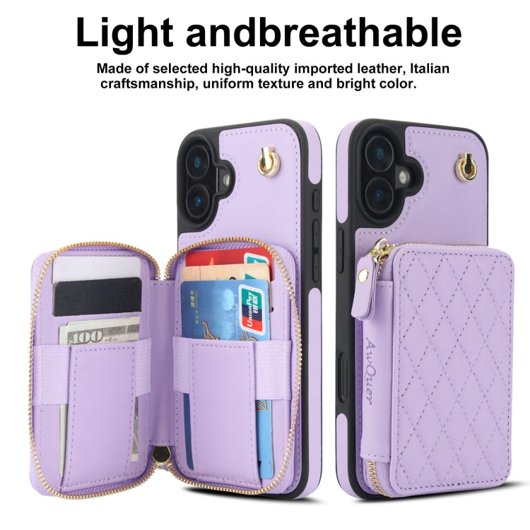 For iPhone 16 AwQuer Crossbody Zipper Wallet Rhombic Leather Back Phone Case(Purple) - iPhone 16 Cases by Awquer | Online Shopping UK | buy2fix