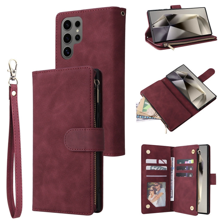 For Samsung Galaxy S25 Ultra 5G Multifunctional Frosted Zipper Wallet Leather Phone Case(Wine Red) - Galaxy S25 Ultra 5G Cases by buy2fix | Online Shopping UK | buy2fix