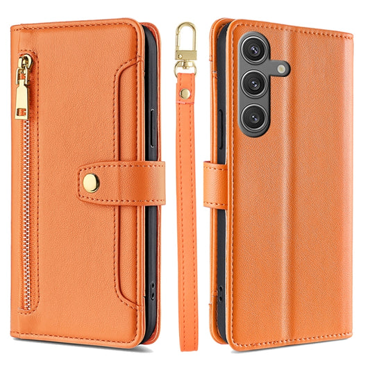 For Samsung Galaxy S25 5G Sheep Texture Cross-body Zipper Wallet Leather Phone Case(Orange) - Galaxy S25 5G Cases by buy2fix | Online Shopping UK | buy2fix