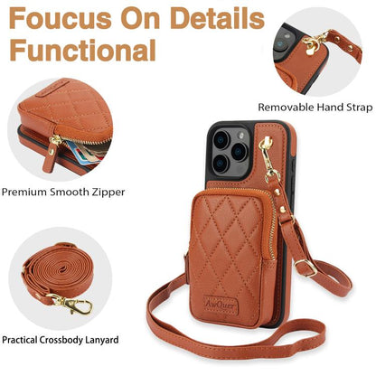 For iPhone 16 Pro AwQuer Crossbody Zipper Wallet Bag Litchi Leather Phone Case(Brown) - iPhone 16 Pro Cases by Awquer | Online Shopping UK | buy2fix