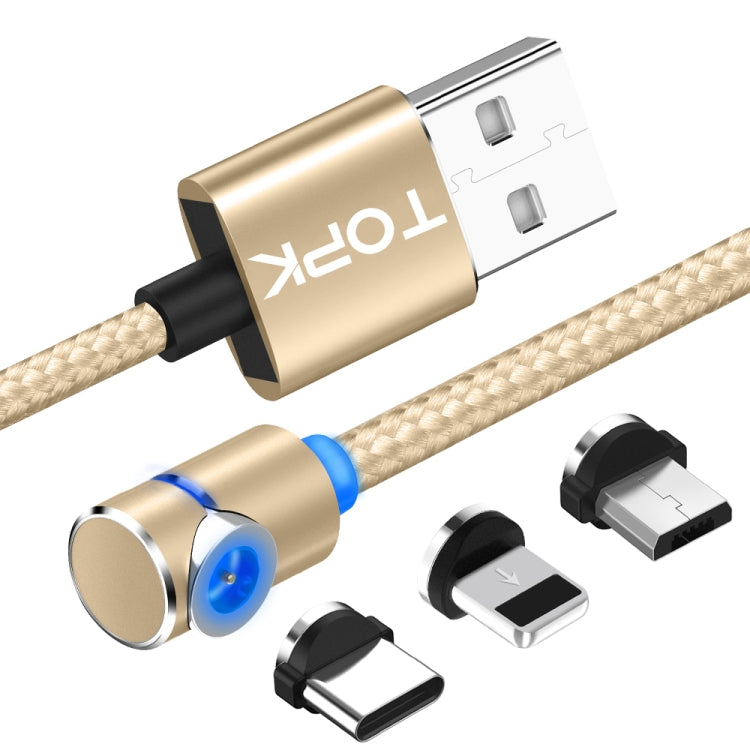 TOPK AM30 1m 2.4A Max USB to 8 Pin + USB-C / Type-C + Micro USB 90 Degree Elbow Magnetic Charging Cable with LED Indicator(Gold) - Charging Cable & Head by TOPK | Online Shopping UK | buy2fix