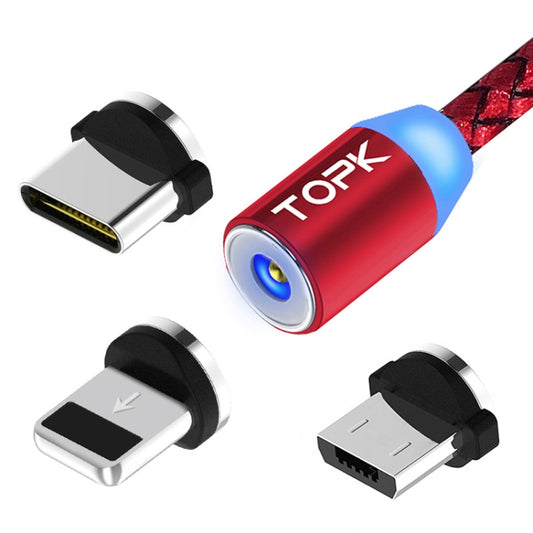 TOPK AM23 1m 2.1A Output USB to 8 Pin + USB-C / Type-C + Micro USB Mesh Braided Magnetic Charging Cable with LED Indicator(Red) - Charging Cable & Head by TOPK | Online Shopping UK | buy2fix