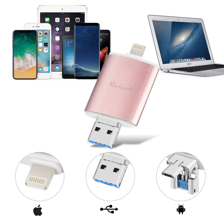 Richwell 3 in 1 64G Type-C + 8 Pin + USB 3.0 Metal Double Cover Push-pull Flash Disk with OTG Function(Rose Gold) - U Disk & Card Reader by Richwell | Online Shopping UK | buy2fix