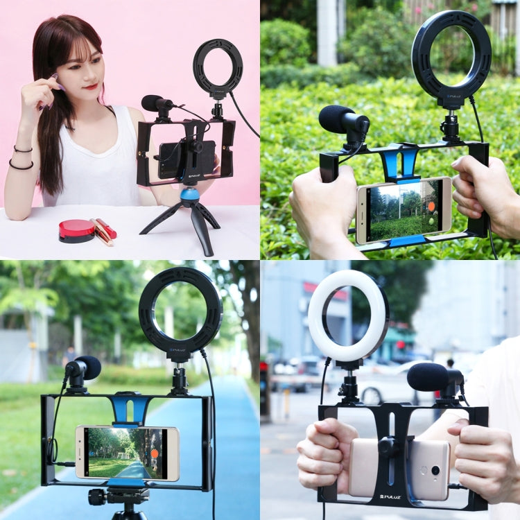 PULUZ 2 in 1 Vlogging Live Broadcast Smartphone Video Rig + 4.7 inch 12cm Ring LED Selfie Light Kits with Cold Shoe Tripod Head for iPhone, Galaxy, Huawei, Xiaomi, HTC, LG, Google, and Other Smartphones(Blue) - Camera Cage by PULUZ | Online Shopping UK | buy2fix