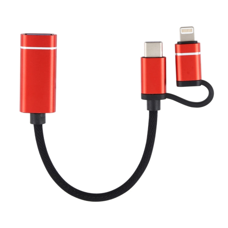 USB 3.0 Female to 8 Pin + USB-C / Type-C Male Charging + Transmission OTG Nylon Braided Adapter Cable, Cable Length: 11cm(Red) - Converter & Adapter by buy2fix | Online Shopping UK | buy2fix