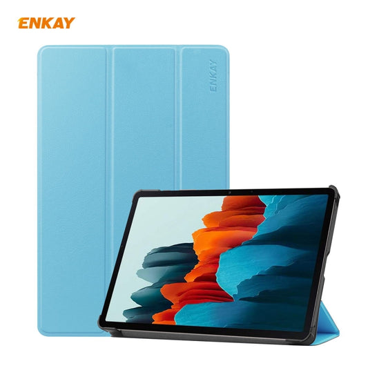 ENKAY ENK-8010 PU Leather + Plastic Smart Case with Three-folding Holder for Samsung Galaxy Tab S8 / Galaxy Tab S7 11.0 T870 / T875(Light Blue) - Galaxy Tab S8 Cases by ENKAY | Online Shopping UK | buy2fix