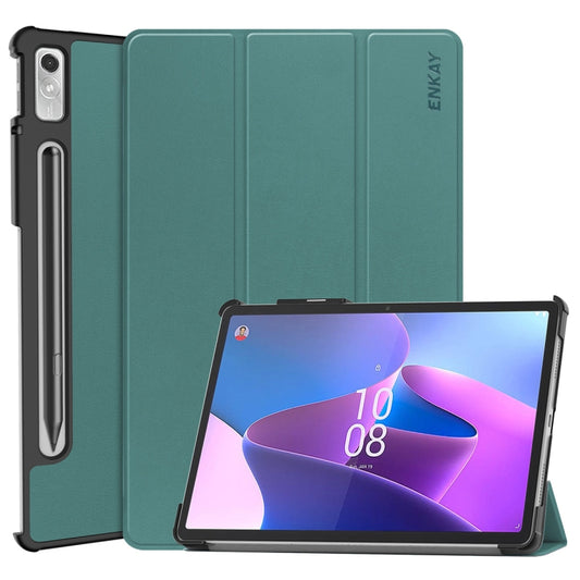 For Lenovo Tab P11 Pro Gen2 11.2 inch 2022 ENKAY Tri-fold Custer Texture Leather Stand Smart Case(Dark Green) - Lenovo by ENKAY | Online Shopping UK | buy2fix