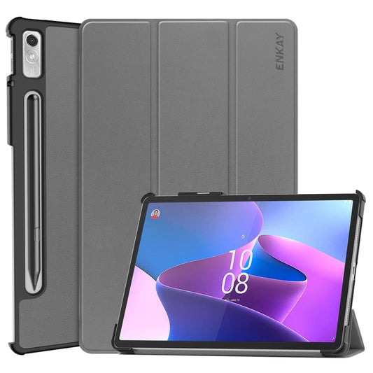 For Lenovo Tab P11 Pro Gen2 11.2 inch 2022 ENKAY Tri-fold Custer Texture Leather Stand Smart Case(Grey) - Lenovo by ENKAY | Online Shopping UK | buy2fix