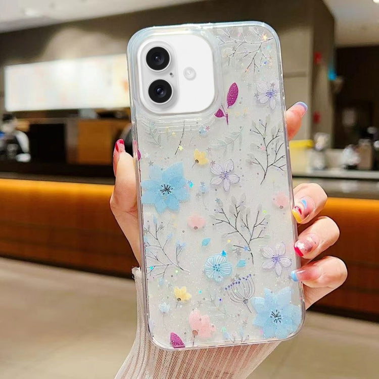 For iPhone 16 Fresh Small Floral Epoxy TPU Phone Case(D05 Blue Floral) - iPhone 16 Cases by buy2fix | Online Shopping UK | buy2fix