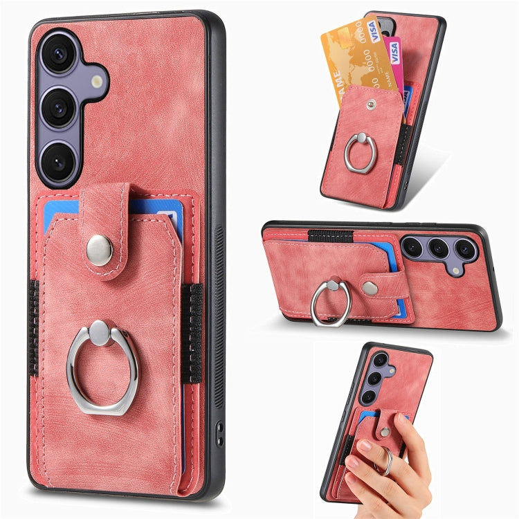 For Samsung Galaxy S25+ 5G Retro Skin-feel Ring Card Wallet Phone Case(Pink) - Galaxy S25+ 5G Cases by buy2fix | Online Shopping UK | buy2fix