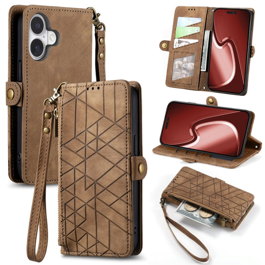 For iPhone 16 Plus Geometric Zipper Wallet Side Buckle Leather Phone Case(Brown) - iPhone 16 Plus Cases by buy2fix | Online Shopping UK | buy2fix