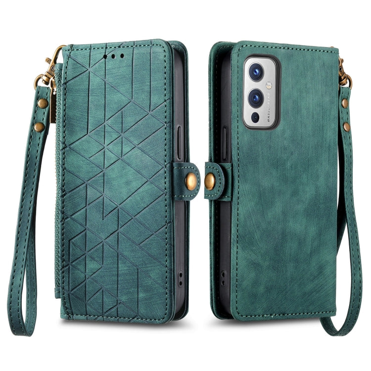 For OnePlus 11 Geometric Zipper Wallet Side Buckle Leather Phone Case(Green) - OnePlus Cases by buy2fix | Online Shopping UK | buy2fix