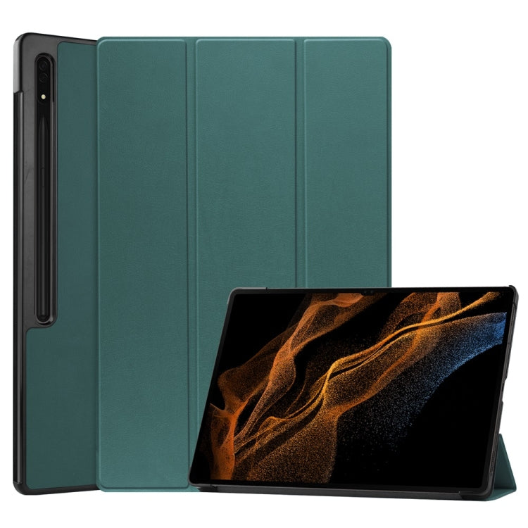 For Samsung Galaxy Tab S9 Ultra JUNSUNMAY Custer Solid Color 3-Fold Stand Leather Smart Tablet Case(Dark Green) - Galaxy Tab S9 Ultra Cases by JUNSUNMAY | Online Shopping UK | buy2fix