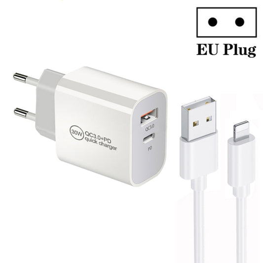 PD30W USB-C / Type-C + QC3.0 USB Dual Port Charger with 1m USB to 8 Pin Data Cable, EU Plug - USB Charger by buy2fix | Online Shopping UK | buy2fix