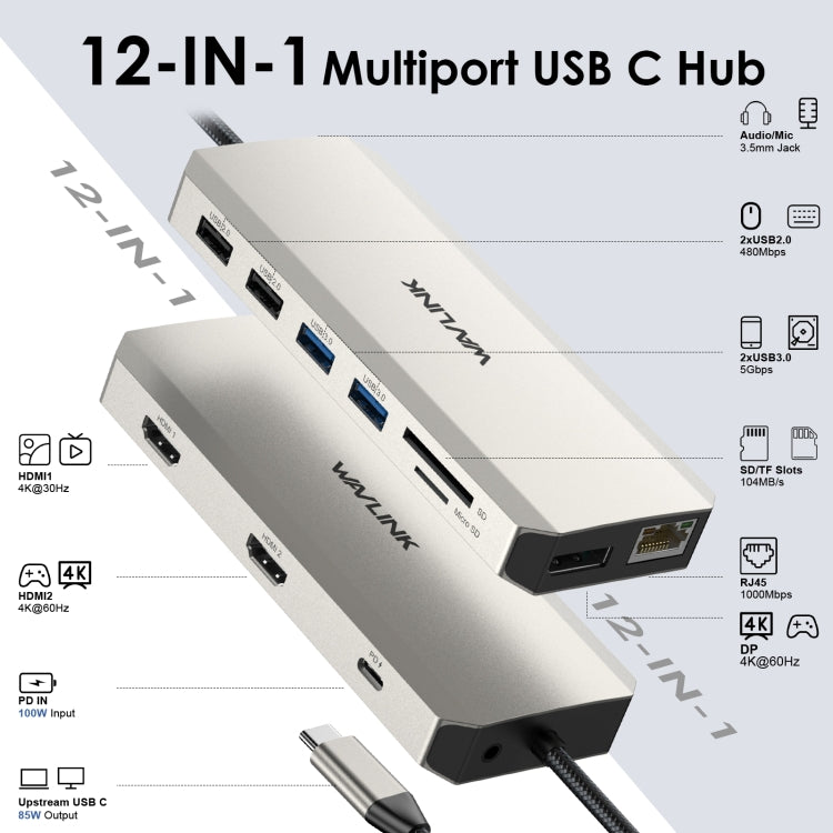 Wavlink UMD302 Type-C to Multiport Dual 4K HDMI HUB Triple Monitor 12-in-1 Laptop Docking Station - USB HUB by WAVLINK | Online Shopping UK | buy2fix