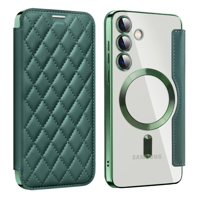 For Samsung Galaxy S25+ 5G Shield MagSafe RFID Anti-theft Rhombus Leather Phone Case(Green) - Galaxy S25+ 5G Cases by buy2fix | Online Shopping UK | buy2fix