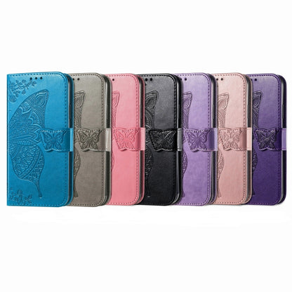 For iPhone 16 Plus Butterfly Love Flower Embossed Leather Phone Case(Purple) - iPhone 16 Plus Cases by buy2fix | Online Shopping UK | buy2fix