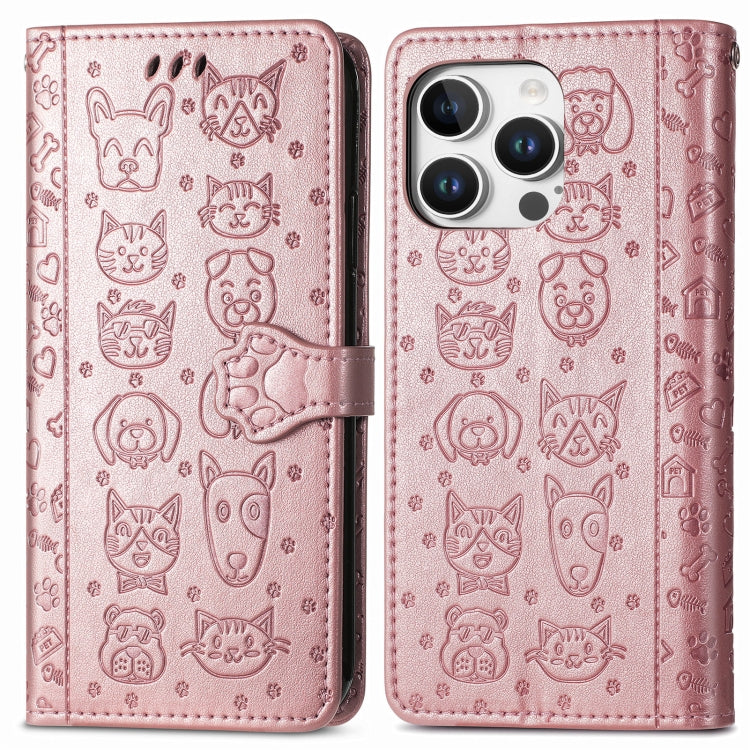 For iPhone 16 Pro Cat and Dog Embossed Leather Phone Case(Rose Gold) - iPhone 16 Pro Cases by buy2fix | Online Shopping UK | buy2fix