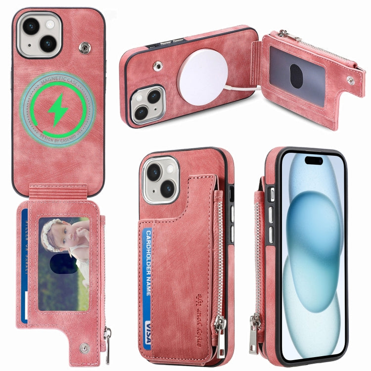 For iPhone 15 Plus Magsafe Zipper RFID Wallet All-inclusive Shockrpoof Phone Case(Pink) - iPhone 15 Plus Cases by buy2fix | Online Shopping UK | buy2fix