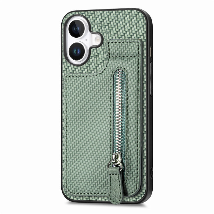 For iPhone 16 Carbon Fiber Vertical Flip Zipper Phone Case(Green) - iPhone 16 Cases by buy2fix | Online Shopping UK | buy2fix