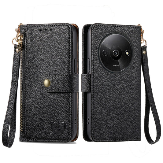 For Xiaomi Redmi A3 4G Love Zipper Lanyard Leather Phone Case(Black) - Xiaomi Cases by buy2fix | Online Shopping UK | buy2fix